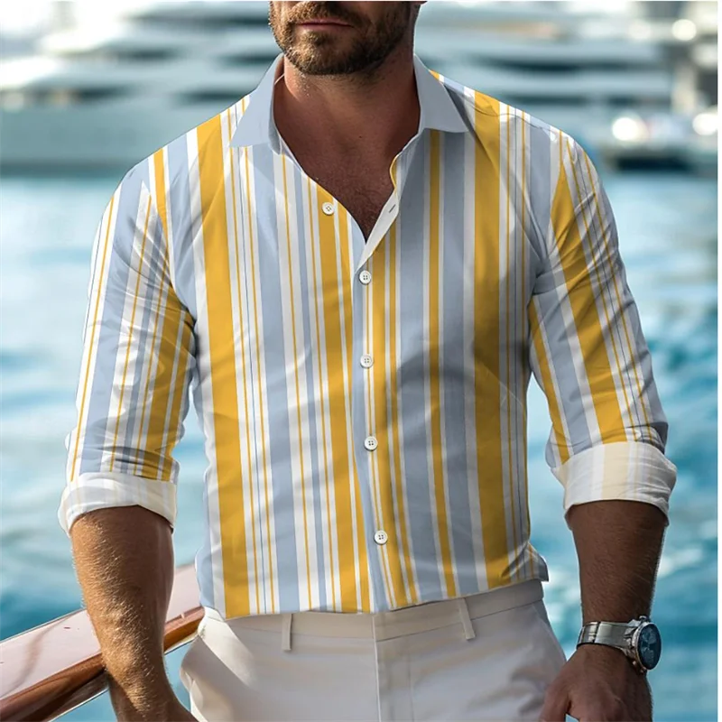 2024 Fashionable Casual Men\'s Line Printed Shirt Formal Spring Summer Lapel Long Sleeve 25 Colors XS-5XL Stretch Fabric Shirt