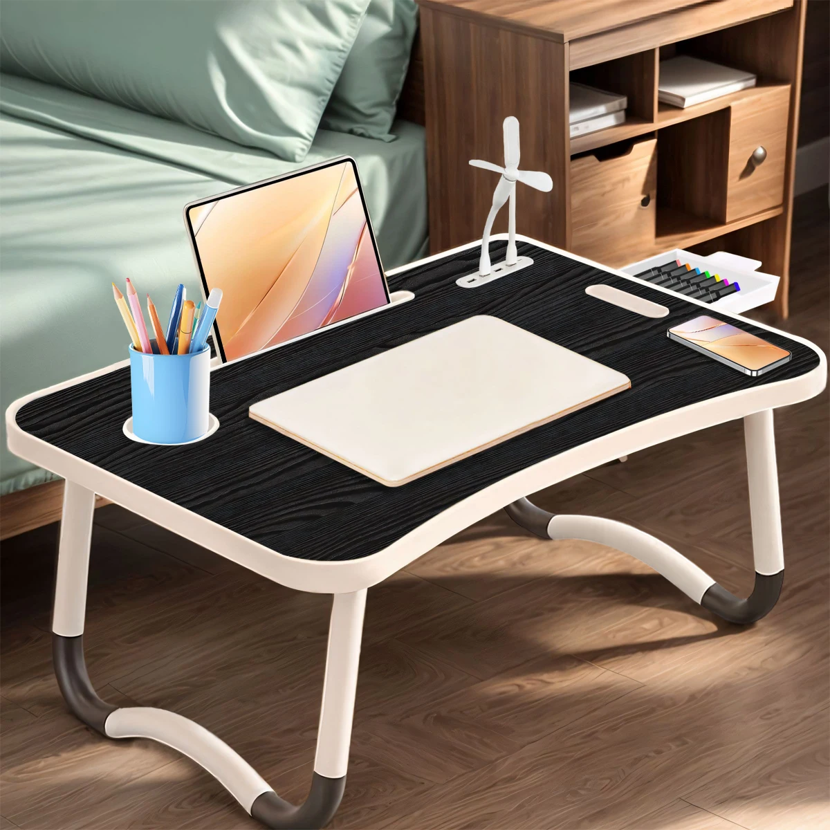 

Oversized Portable Laptop Bed Table Folding Table, Computer Table - Versatile Tray Holder with Cup Holder And Drawer, USB, Fan