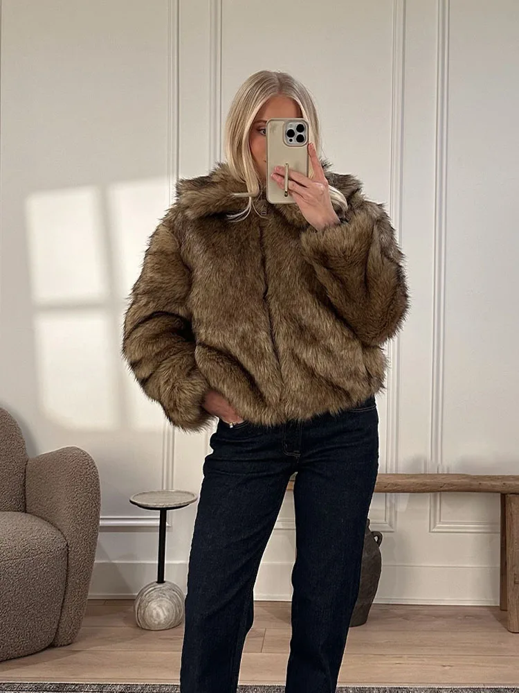 HH модная зимняя модная женская короткая куртка с длинными рукавами и молнией с лацканами, женская удобная куртка в уличном стиле с эффектом искусственного меха