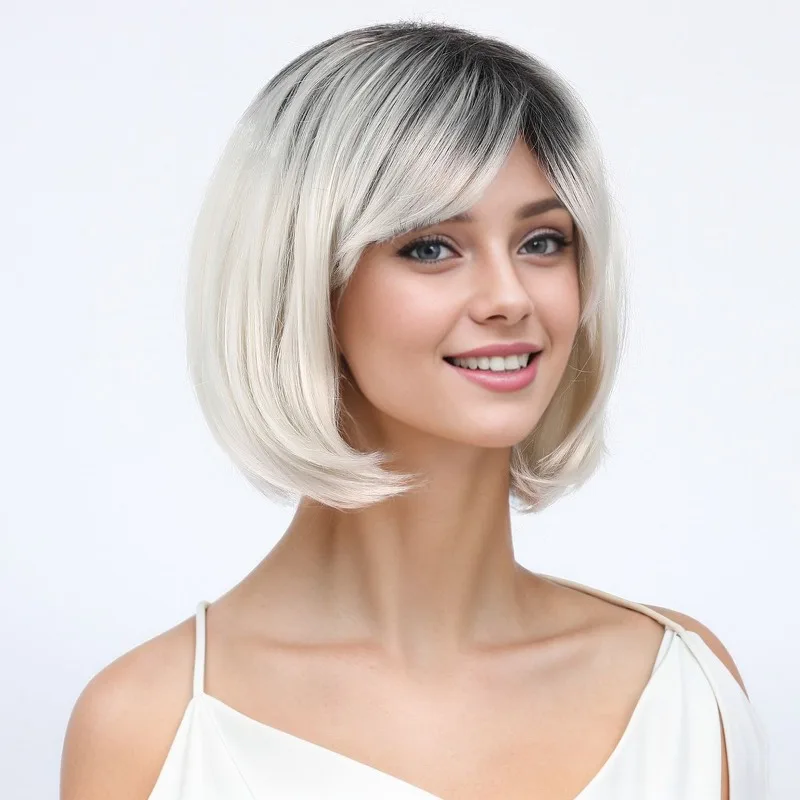 Femme Simulation dégradé cheveux courts boule habiller chapeaux couvrir votre visage cheveux raides dame quotidien Match perruque Bob coupe de cheveux