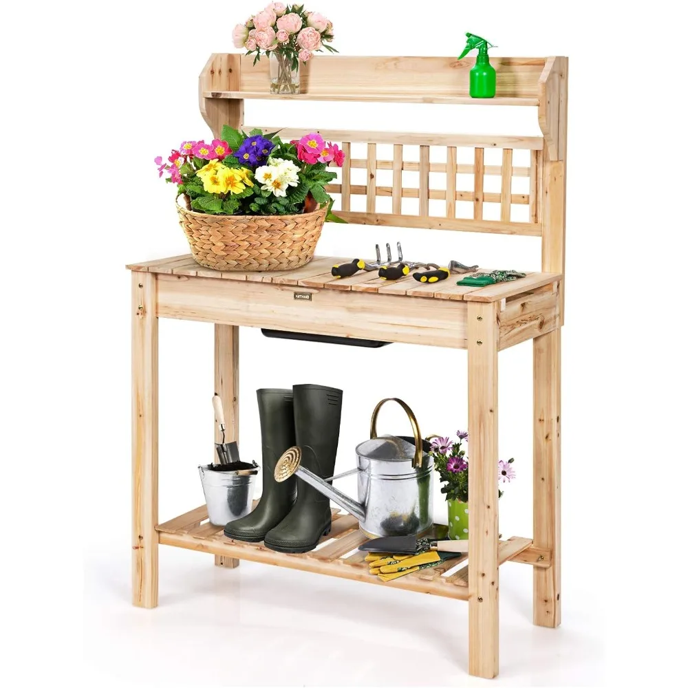 Outdoor Garden Table with Sliding Tabletop, Removable Sink, Storage Shelves, Planter Potting Station, Wooden Workstation Table