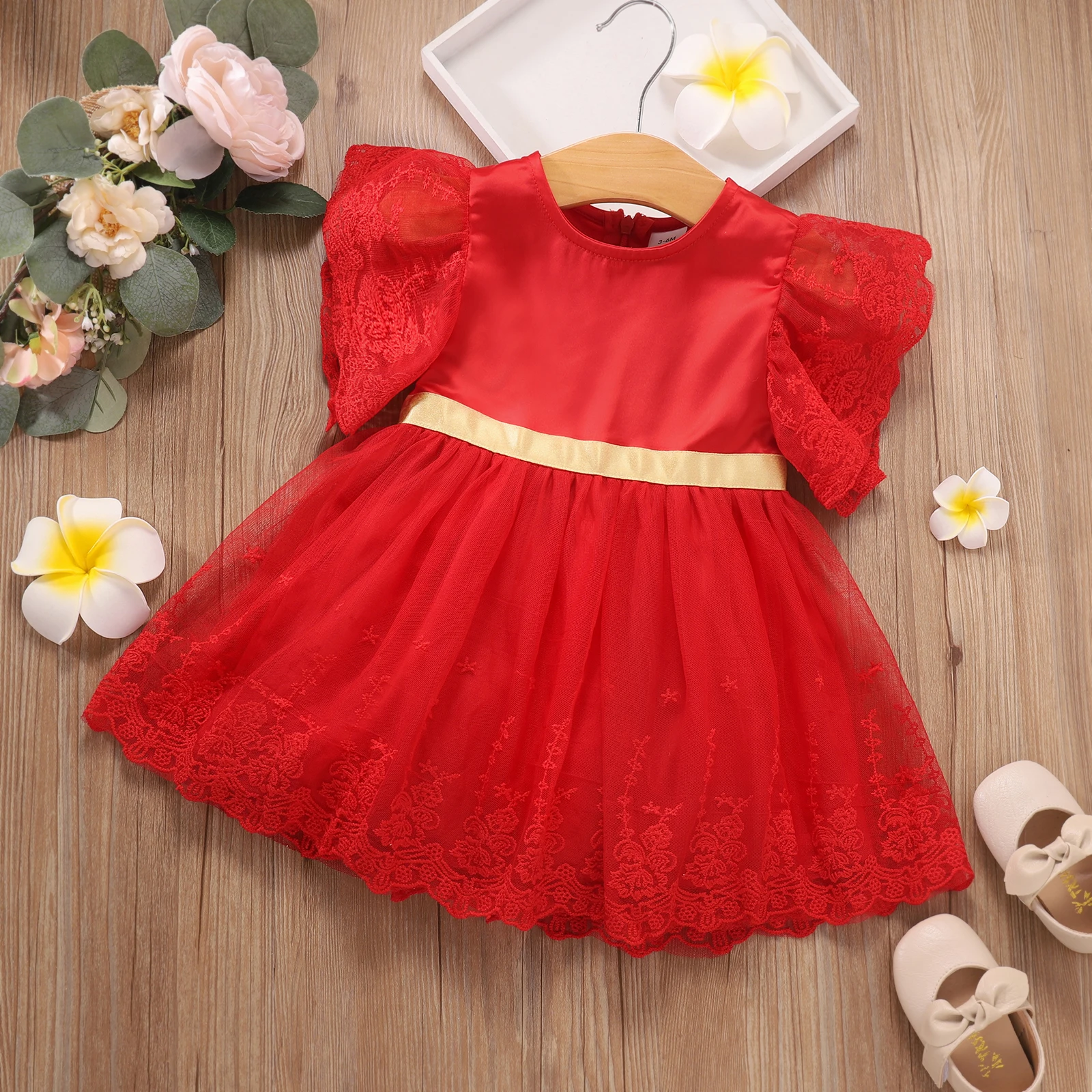 Girls Summer Casual Red Lace Sleeve Tulle Dress Infant Girl's Clothing Soft Comfortable Fabric Floral Trim Lightweight Dress
