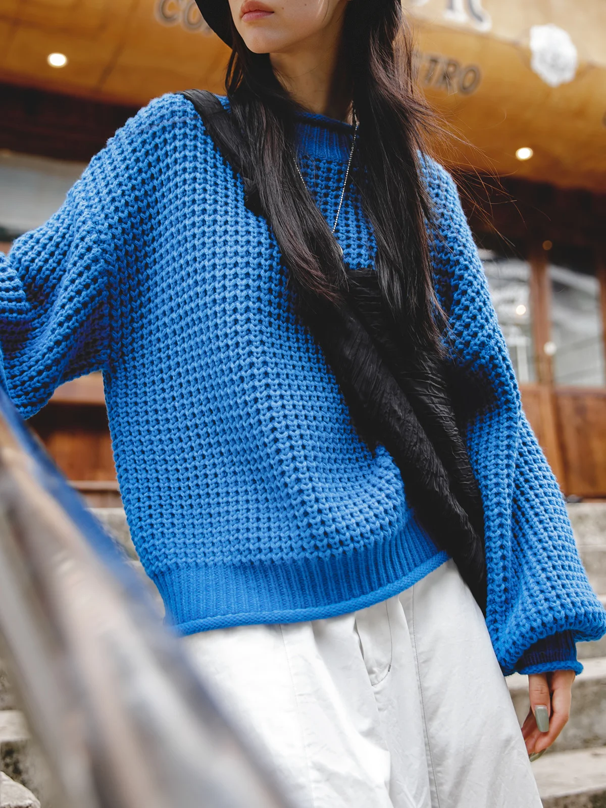 

Maden Klein Blue Lazy Sle Pine Pattern Korean Sweater Lantern Sve New Year Women's Knitted irt Autumn Winter Women