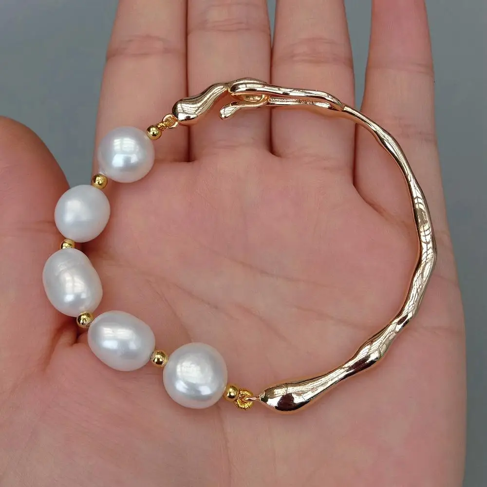 YYGEM  Natural Pearl Gold Plated Bangle Bracelet Freshwater Cultured White Pearl Bracelet Handmade