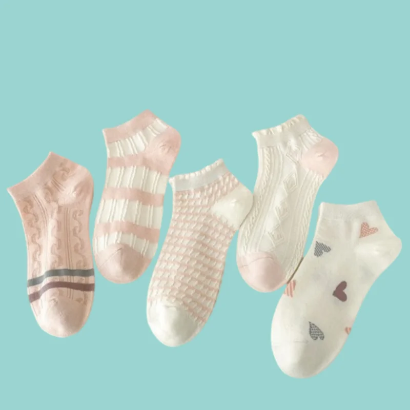 Chaussettes Bateau Minces et Respirantes pour Femme, Tube Court Rose Rayé, Style Collège, en Coton, Assorties avec Documents, Nouvelle Collection Été, 5/10 Paires