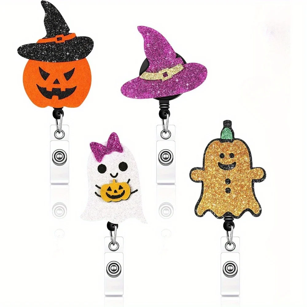 مجموعة مشابك شارة الهالوين مكونة من 4 قطع. مشابك لباد قابلة للتوسيع مع تصميمات اليقطين والساحرة للموظفين الطبيين والمكتبيين.