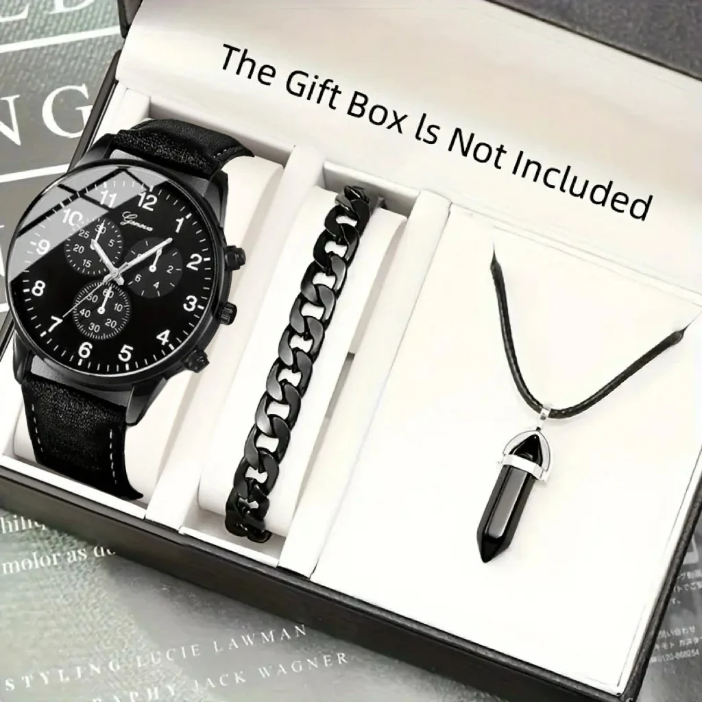 3pcs casual handsome men's pointer quartz watch and accessory set for daily wear and holiday gifts