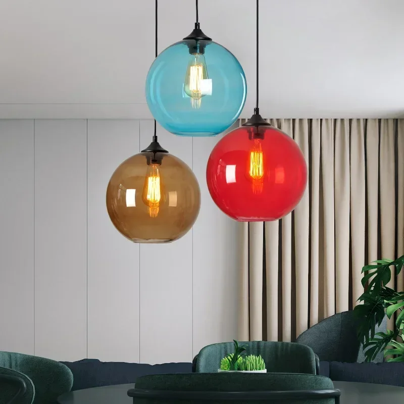 Modern Glass Pendant Lamp Round Ball Chandelier Simplicity 20/25cm Vintage Colorful Lights Dining  Living Room Decorative Lights