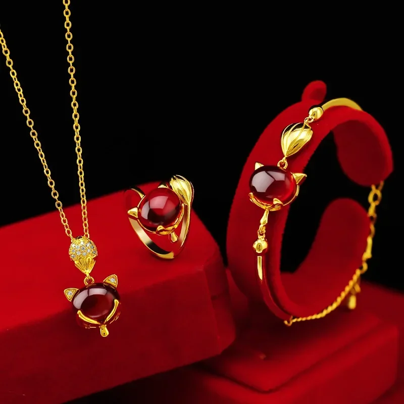 

9999 Real Gold 24K Female Red Fox Necklace Bracelet Ring Three-piece Set, Japanese and Korean Fashion Fox Ring