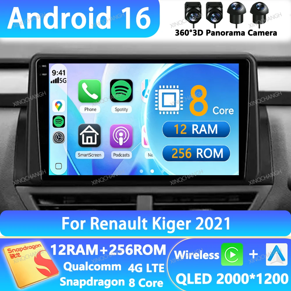 Android 16 Car Radio For Renault Kiger 2021 QLED 4G WIFI Head Unit Navigation 2DIN Multimedia Video Player BT GPS Carplay Auto