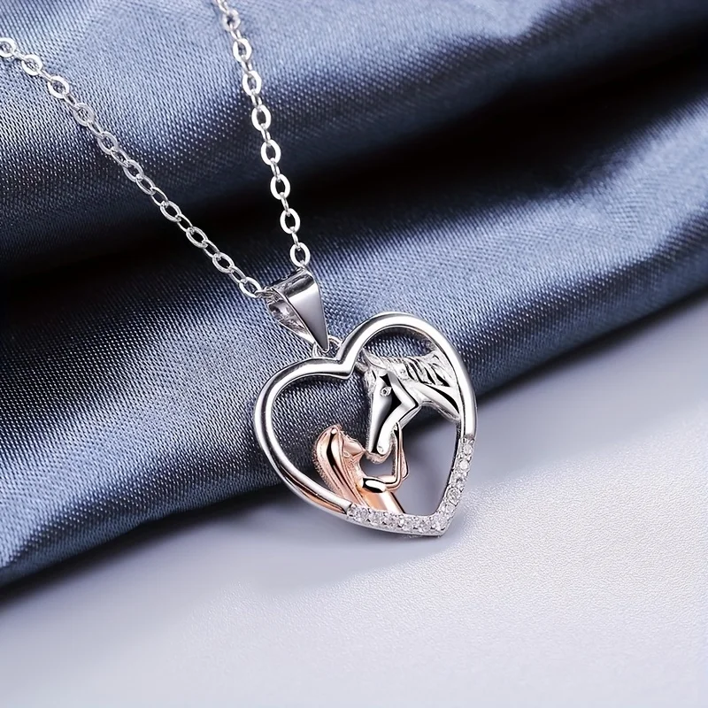 1pc Cute Girl and Horse Two-color Pendant Rose Golden Heart-shaped Necklace Anniversary Party Gifts,Jewelry Niche Style Hot List