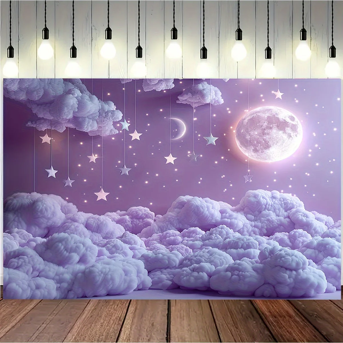 Niedliches und kindliches Fotografie-Hintergrundtuch – Mond-, Wolken- und Ballonkuchen-Design, Taufe und erste Geburtstagsfeier