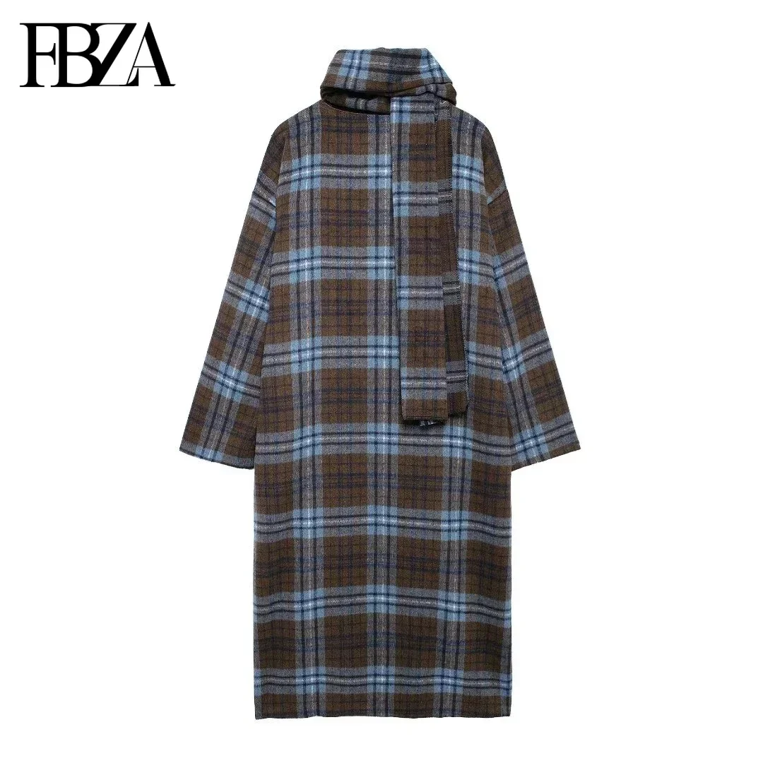 FBZA Women Fashion Autumn Winter New Plaid Woolen Single Breasted Scarf Collar Long Coat Jacket Coats Chic Ladies Tops Mujer