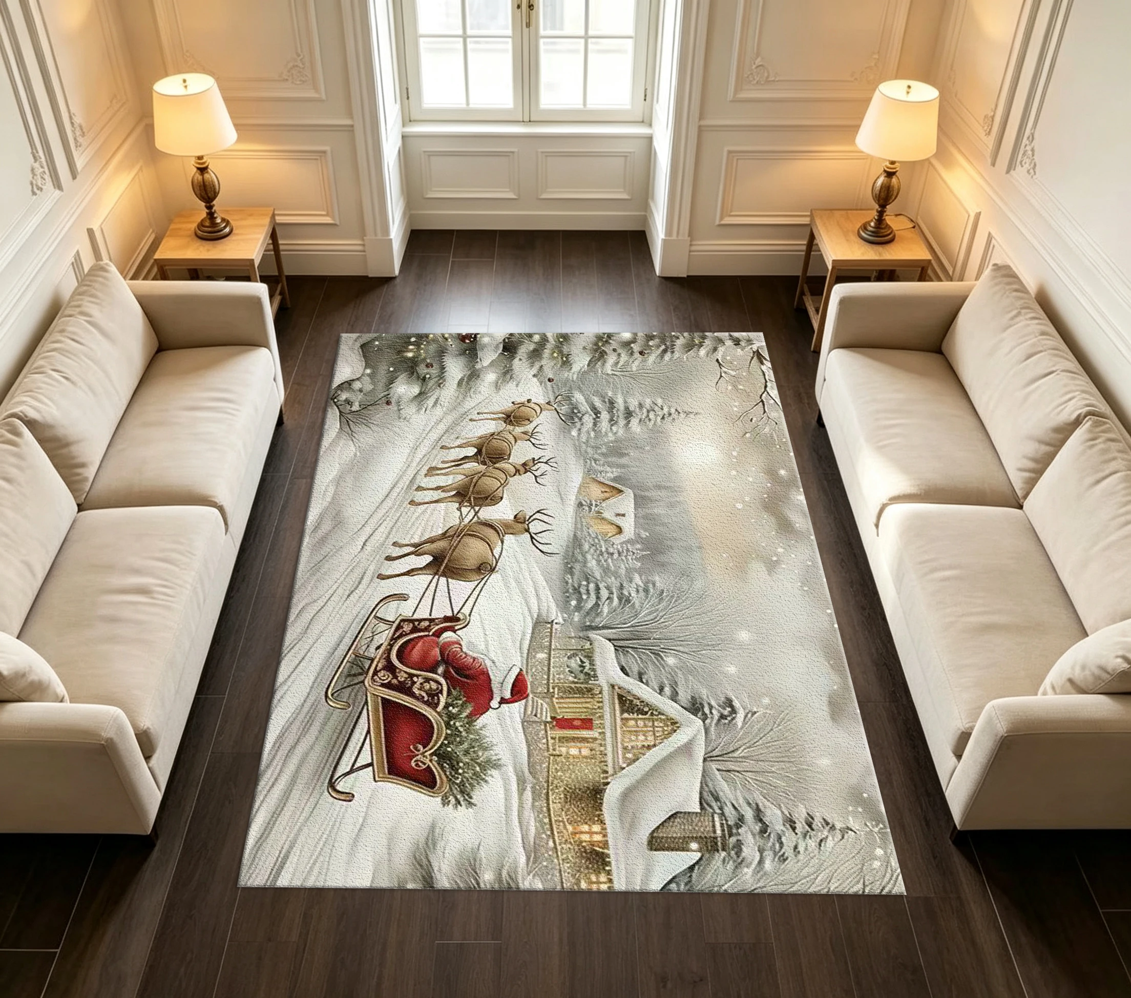 Vintage Christmas Santa Sleigh Reindeer Snow Winter Scenery Home Area Rug