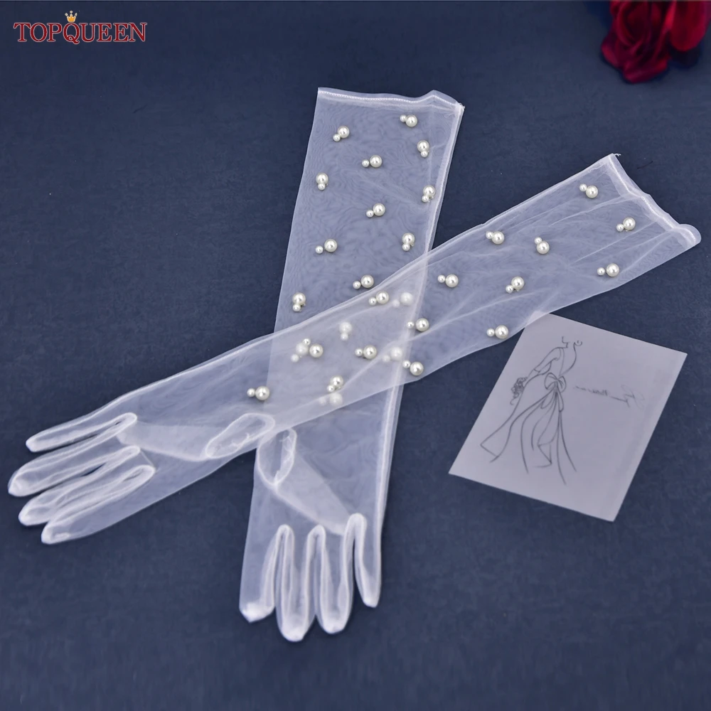 

TOPQUEEN VM04-A Woman Wedding Glove with Pearl Punk Mesh Gloves Elbow Length Mitten Opera Gloves Summer Gloves customizable