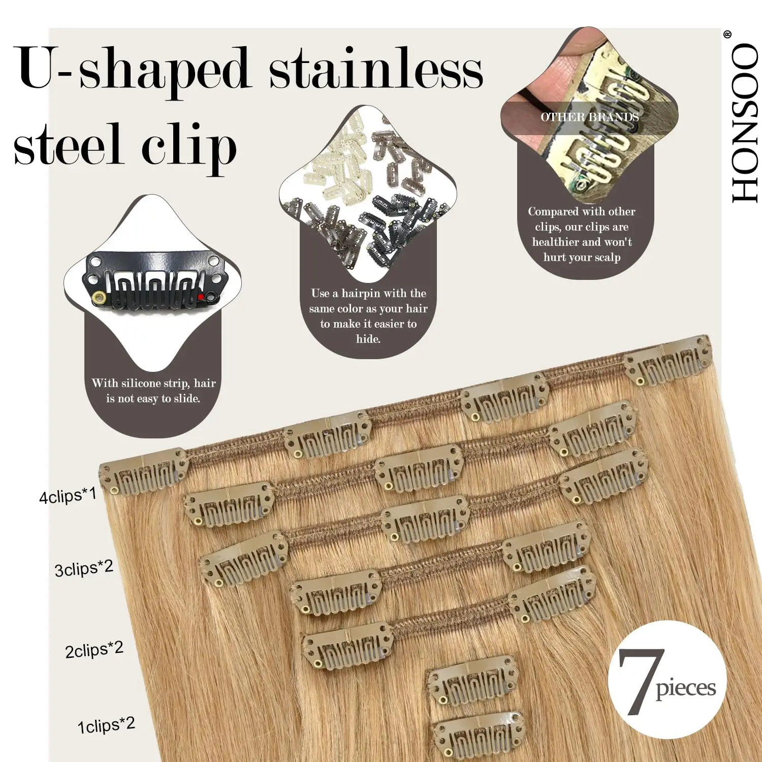 وصلات شعر بمشبك شعر بشري حقيقي وصلات شعر ريمي بني للنساء مشبك طبيعي غير مرئي مستقيم بدون خياطة في الشعر