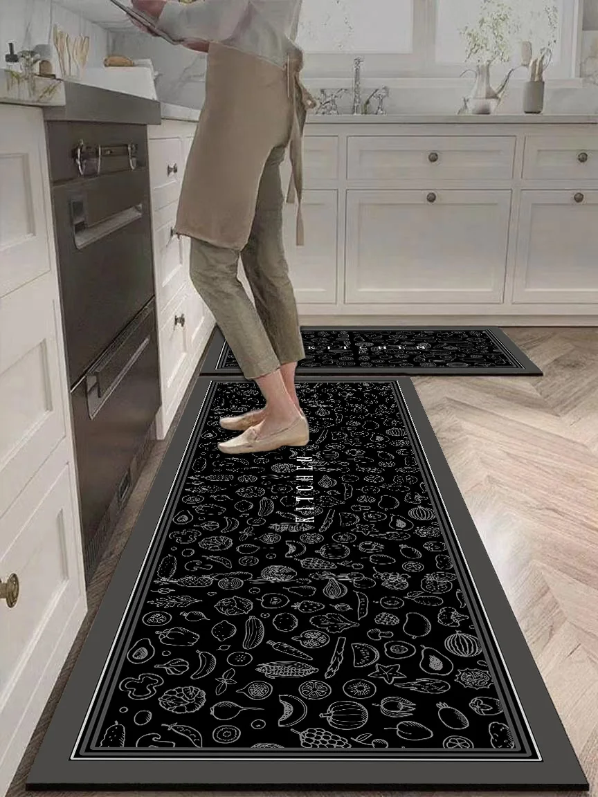 black-white line fruit & vegetable / faux marble kitchen bathroom rugs, slip-resistant, high water absorption, easy to clean.