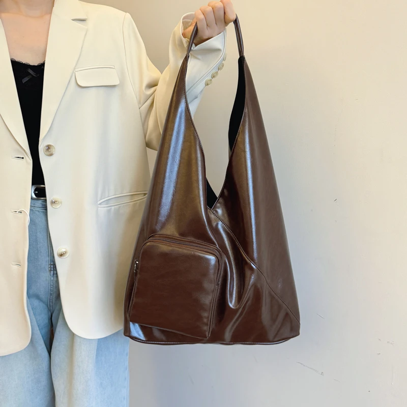 حقيبة يد نسائية مع جيوب بسحاب حقائب كتف عصرية من جلد البولي يوريثان حقيبة كتف كبيرة حقيبة يد للتسوق والسفر والعمل #5