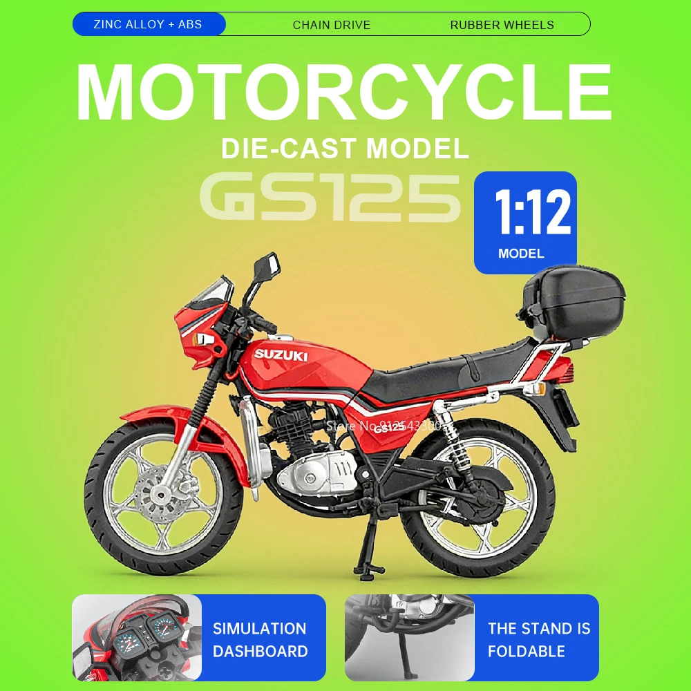 

Scale 1:12 Suzuki GS125 GSX250R Motorcycle Model Toy Metal Body Rubber Tires Motorbikes Wheel Steering Models Kids Presents