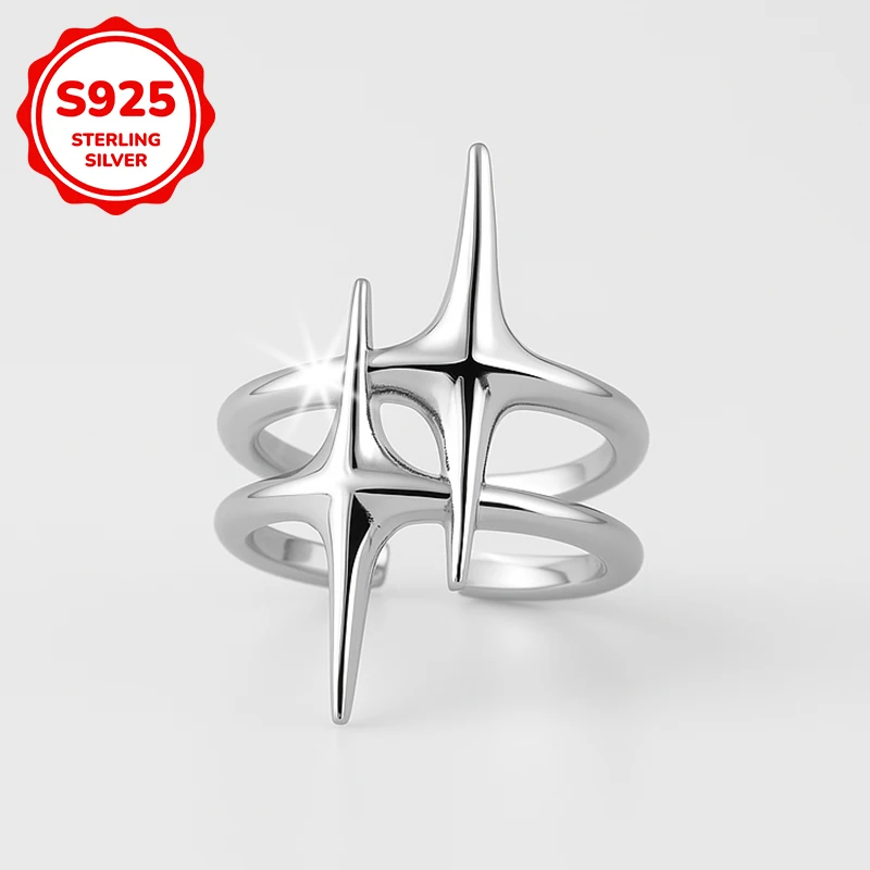 925 sterling silver trendy double-pointed star men's open ring is suitable for men's jewelry gifts and birthday presents