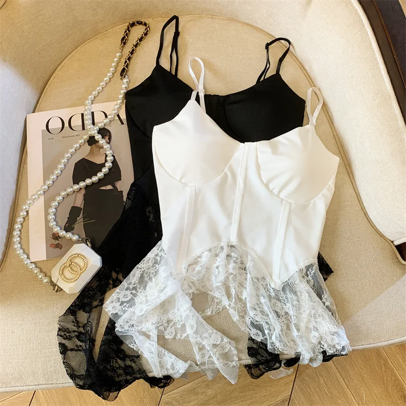 Irregular Lace Strap Vest Women's Summer Thai Style Sweet and Spicy Shoulder One Piece Fishbone Tube Top Vest Y2k Accessories