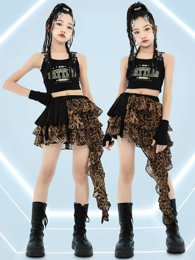 Summer Girls Cheerlead Dance Clothes Jazz Dance Navel Tops Irregular Leopard Skirt Performance COstume Hiphop Outfits BL13288