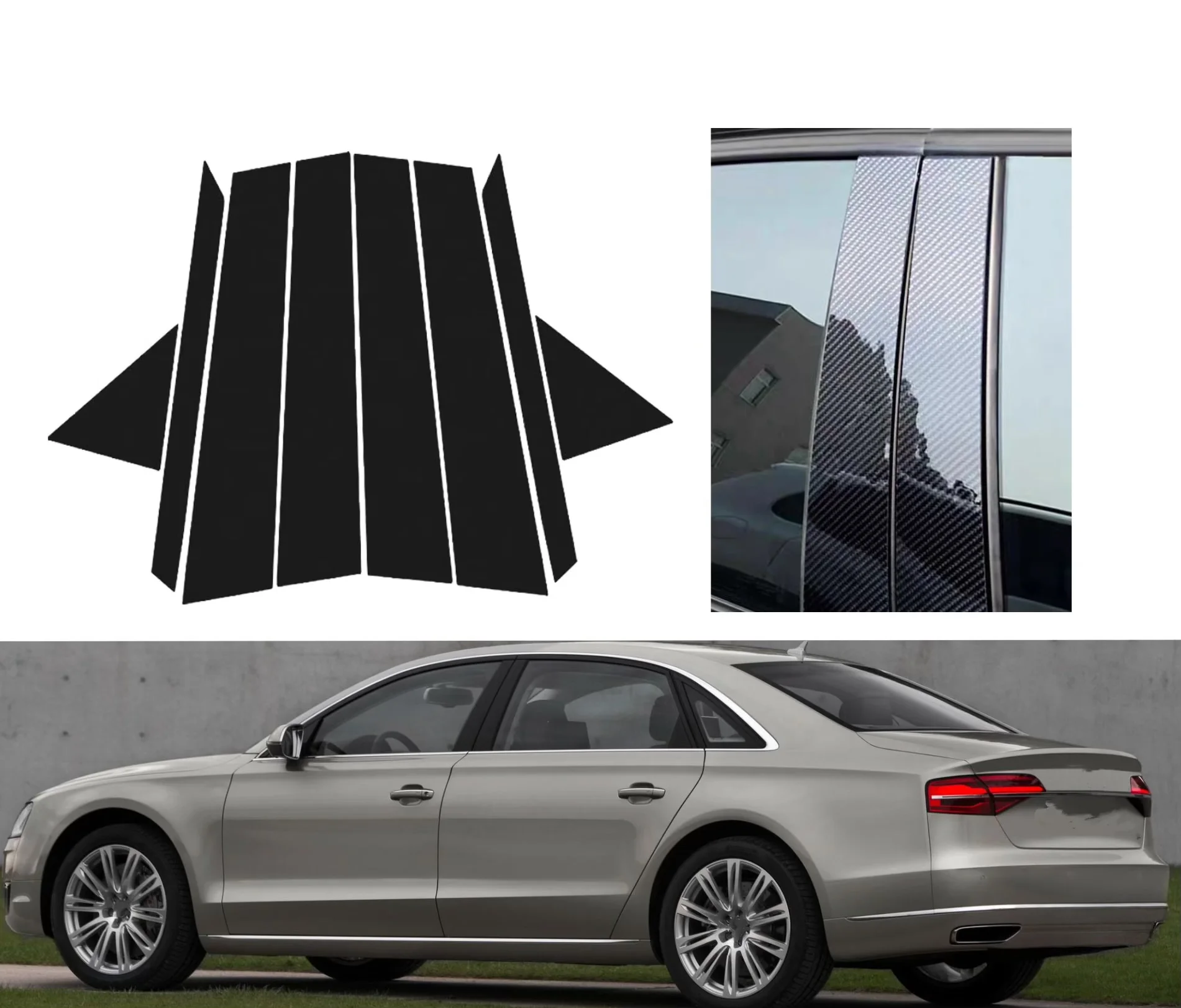 8PCS Gloss Black  Pillar Posts Silver Carbon Fit For Audi A8 D4 4H 2010-2017 2011 Window Decor Door Side Mouliding Trim Cover