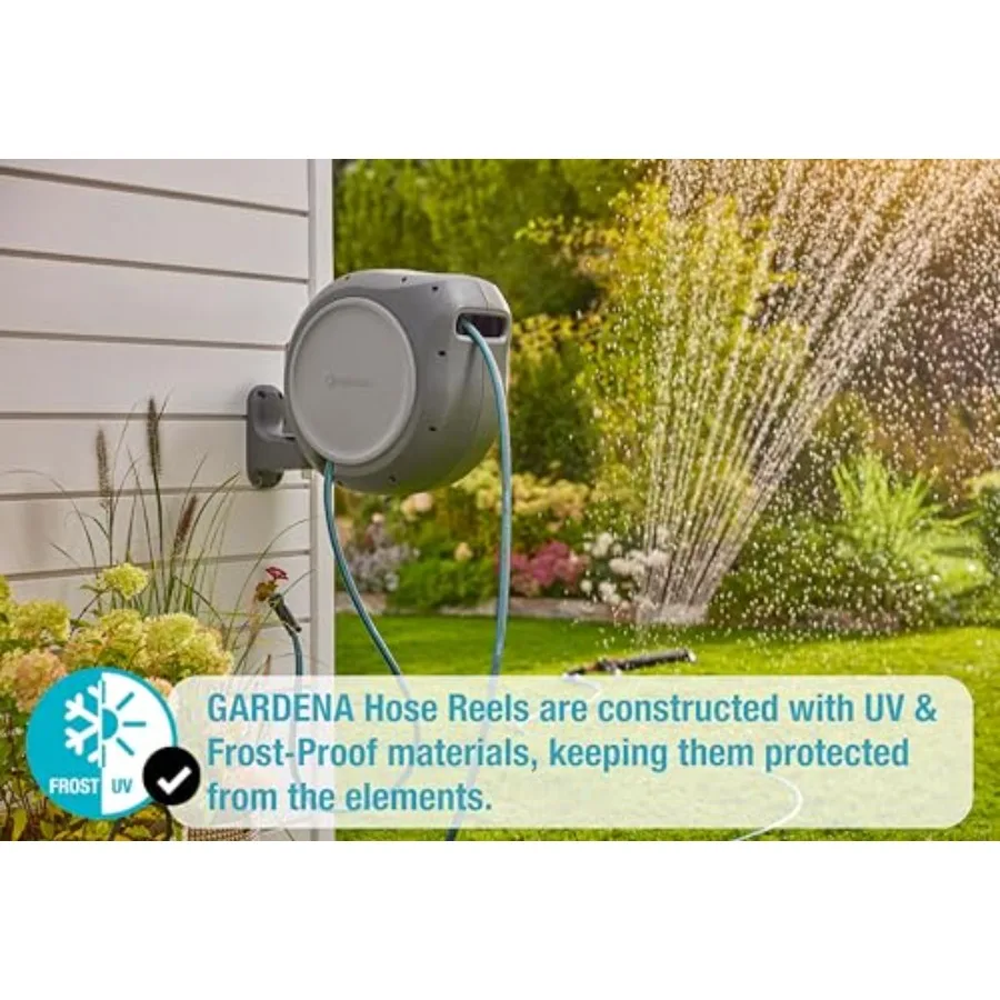 Heavy duty wall mounted retractable garden hose reel with 50 feet of 1 2 inch durable hose automatic retraction system and adju