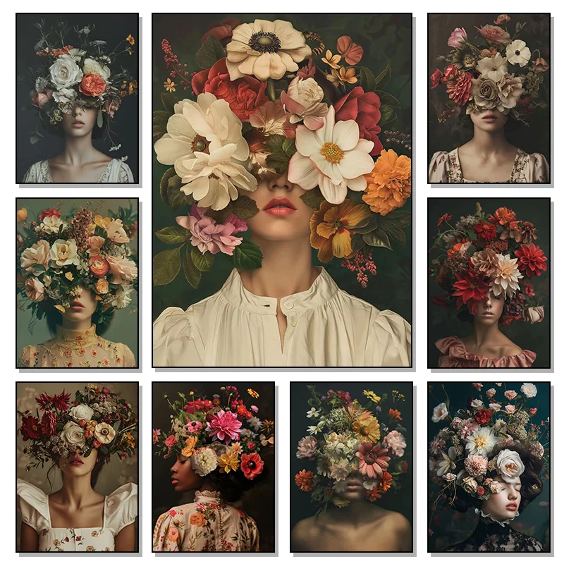 Beauty Sexy Woman with Colorful Flower Floral Head Poster Print Wall Art Pictures Canvas Painting Living Room Home Decor Gift