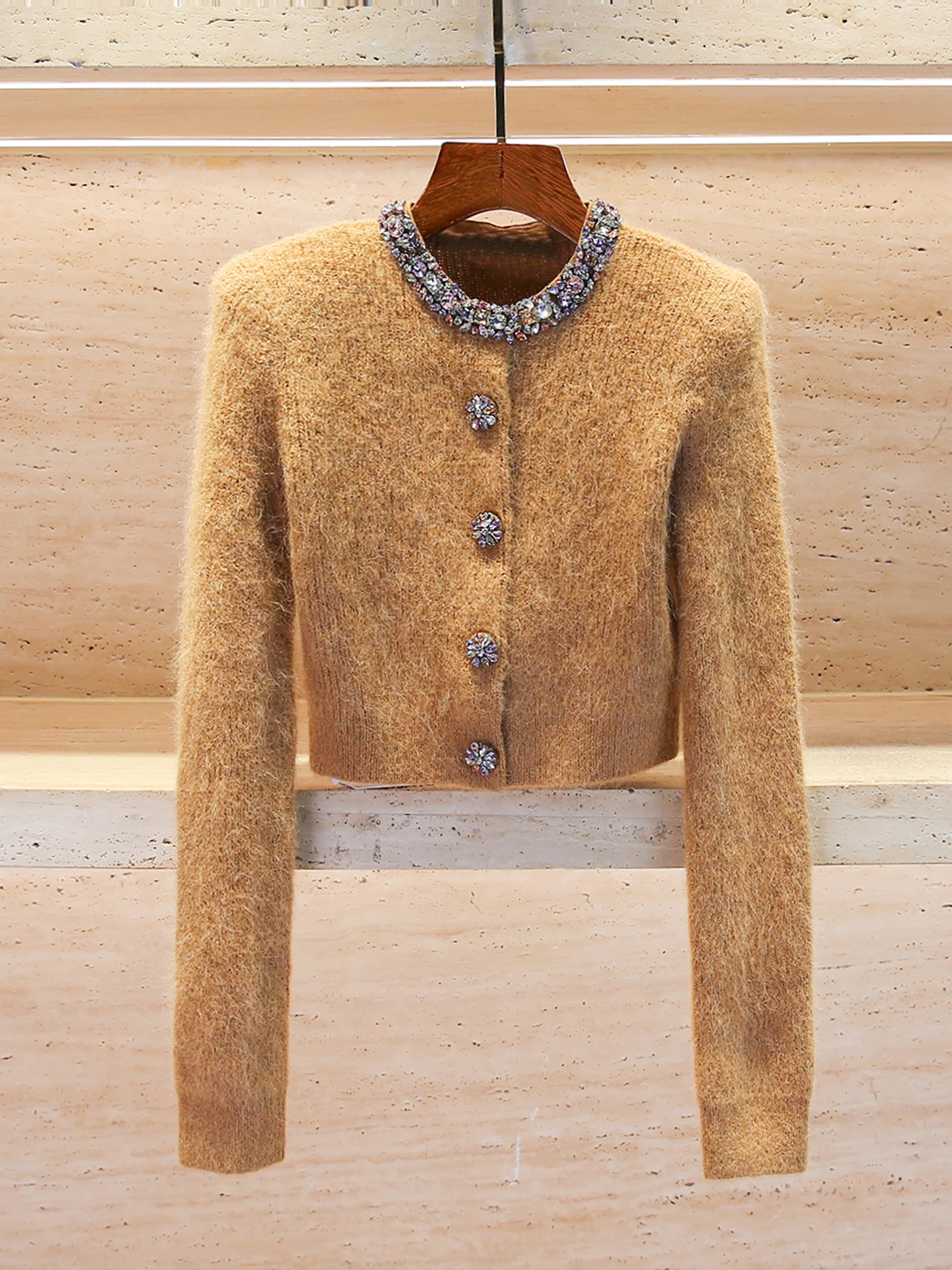 럭셔리 여성용 니트 낙타털 가디건 다이아몬드 장식 소형 프랑스 스타일 SP 홈 사우스 오일 2025 가을...