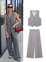 HH Women Fashion Suits Solid V-Neck Sleeveless Pockets Single Breasted Vest Tops+High Waist Pockets Zipper Pants Female Set