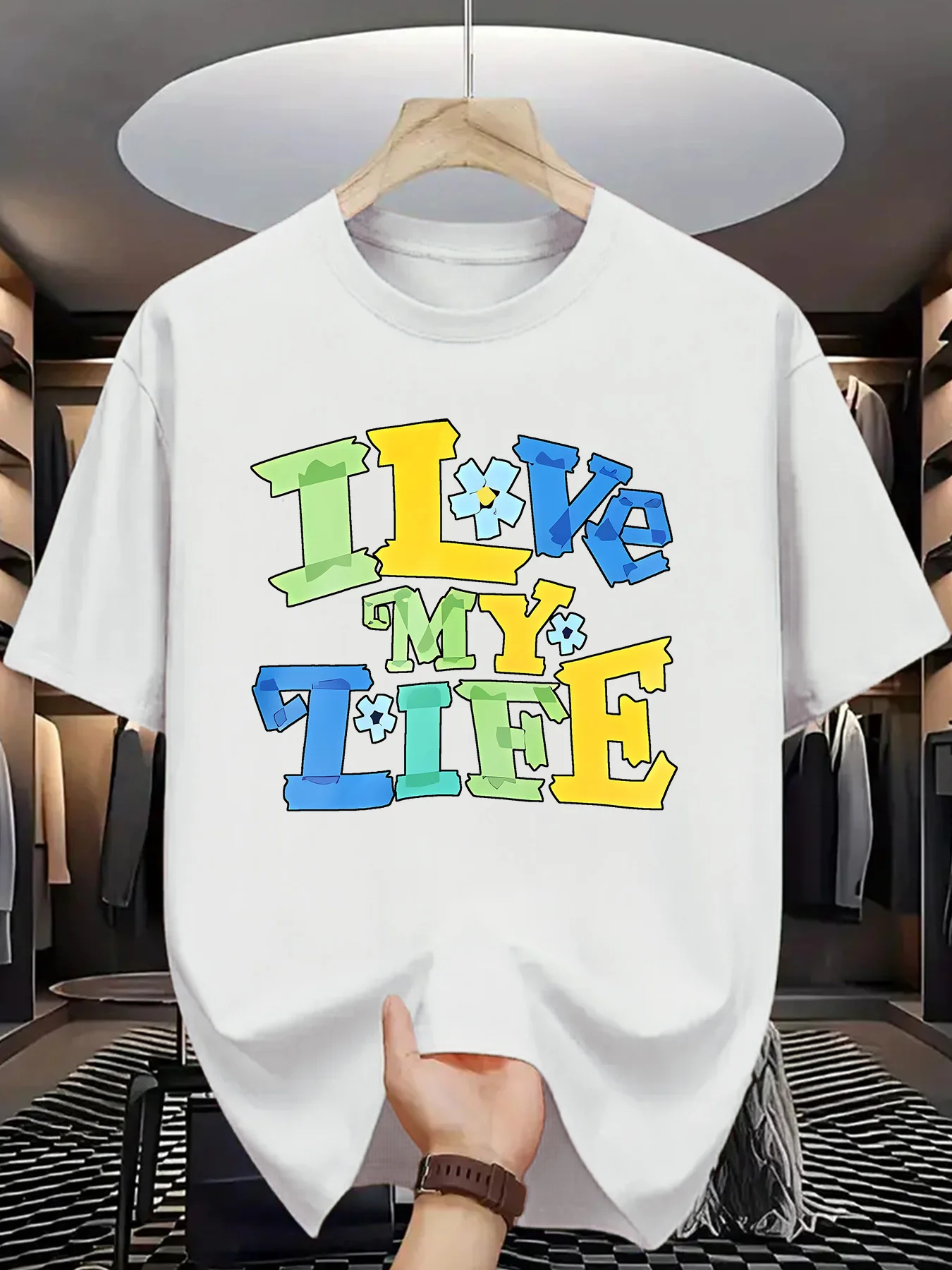 تي شيرت من القطن الخالص مطبوع عليه جانب واحد ورقبة دائرية وأكمام قصيرة مطبوع عليه حروف I Love My Life بأكمام قصيرة منقوشة