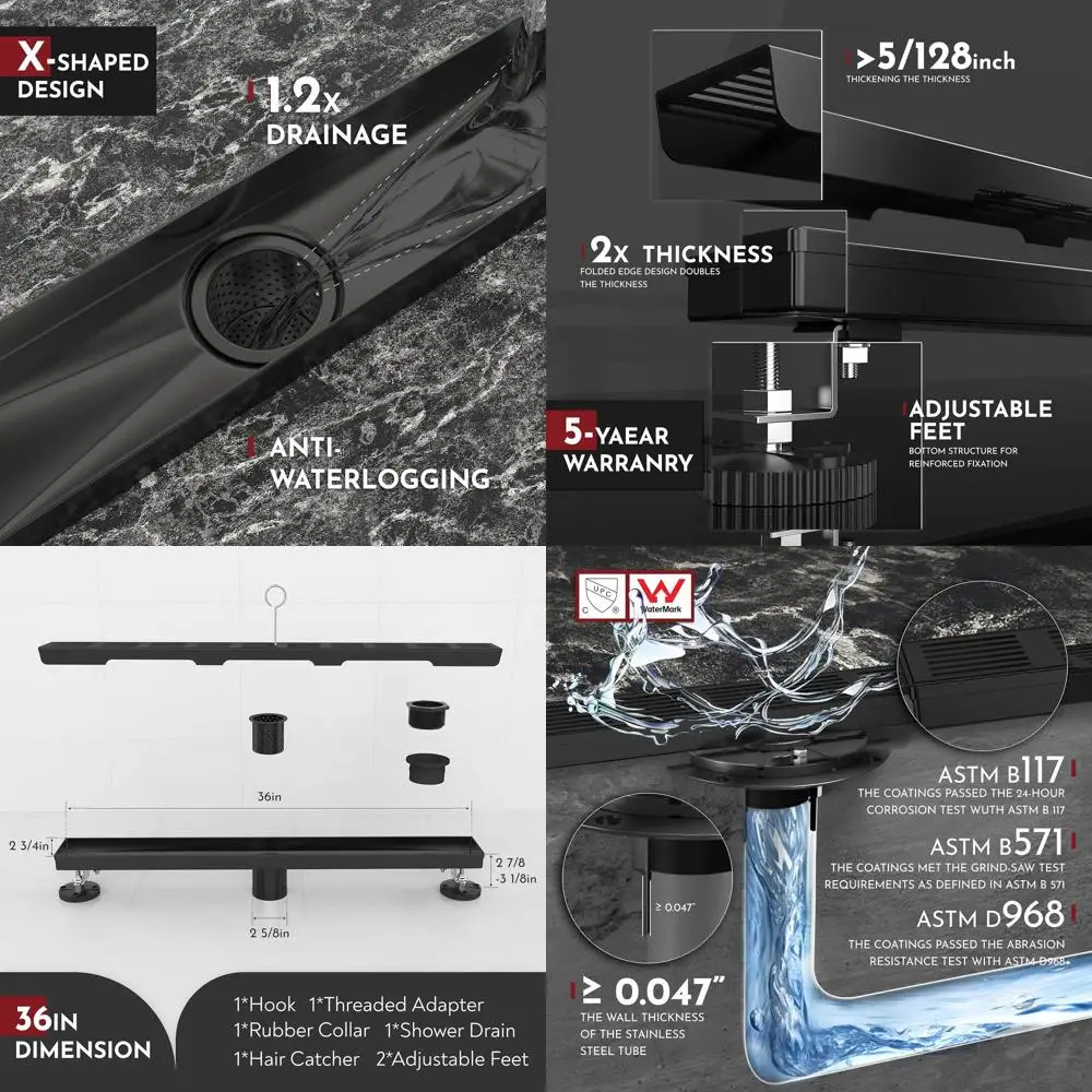 

36 Rectangular Shower Drain with Fence Pattern Cover, Matte Black, SUS304 Stainless Steel, Watermark & CUPC Certified