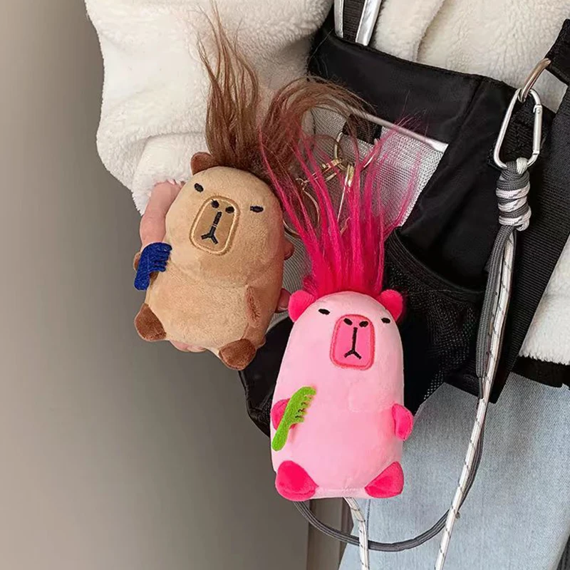 Creative Cute Capybara Keychain Fried Hair Doll Keychain For Women Girls Funny Bag Pendant Accessories Stuffed Animal Keyring