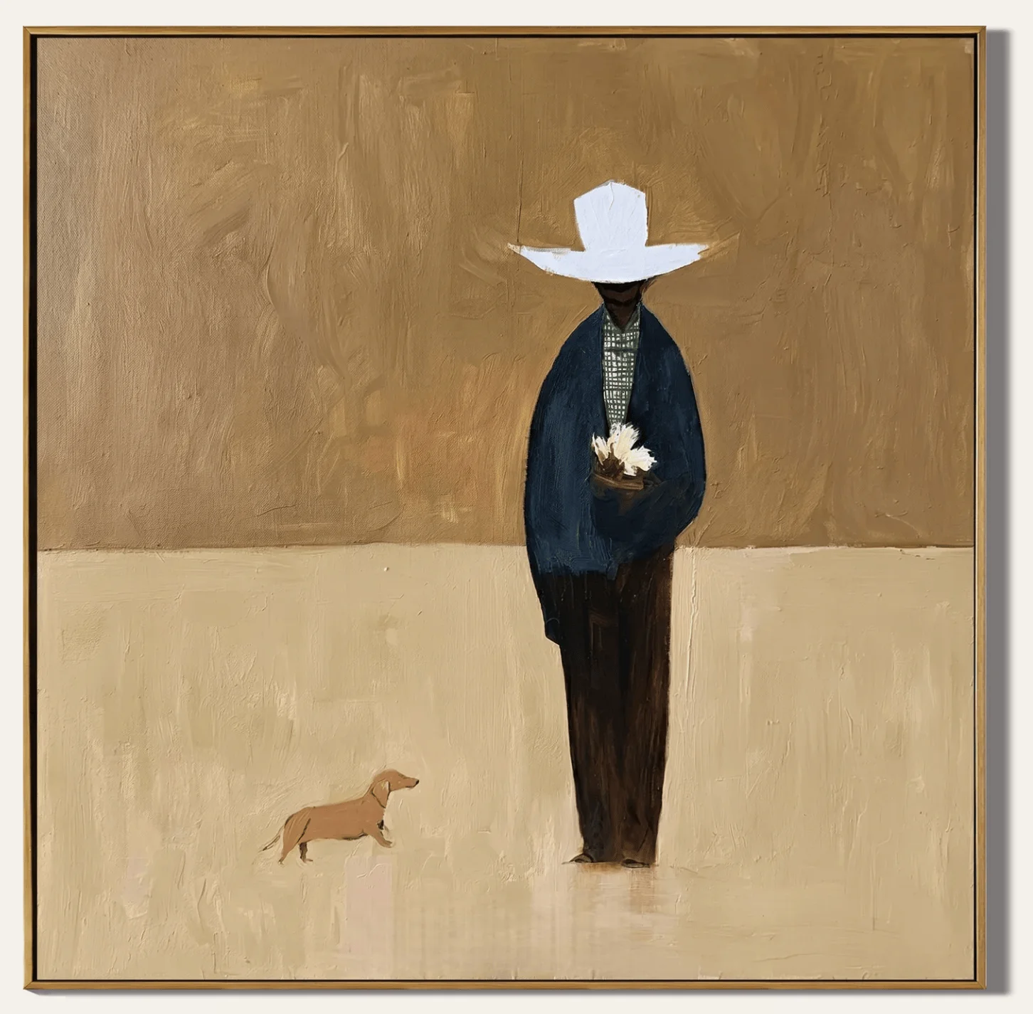 Minimalist White Hat Figure & Dachshund Wall Art Canvas Prints Posters Decor, Warm Neutral Decor For Living Room Bedroom Study