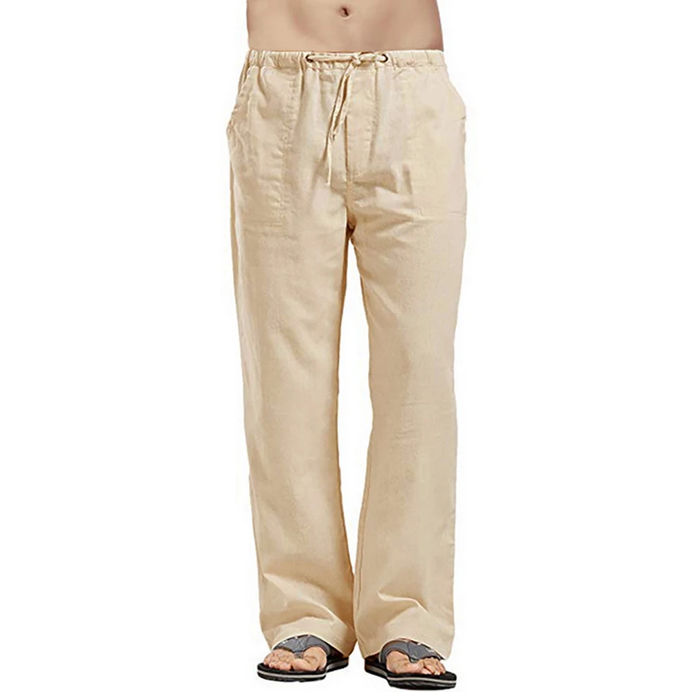 Men's Cotton Linen Long Pants Lightweight Drawstring with Pockets Comfortable Straight Leg Casual Trousers for Summer Beach Wear - Image 2
