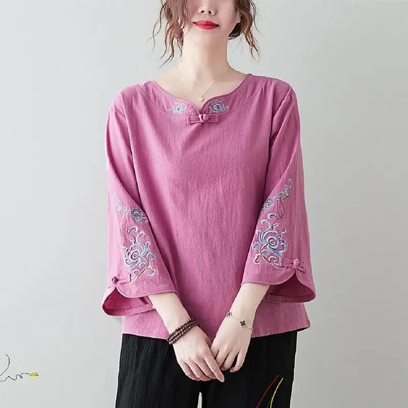 Women Clothing Vintage Embroidery Chinese Ethnic Style Tops Cotton Linen Blouses Spring Autumn Loose Shirt Blusa Mujer Moda 2023