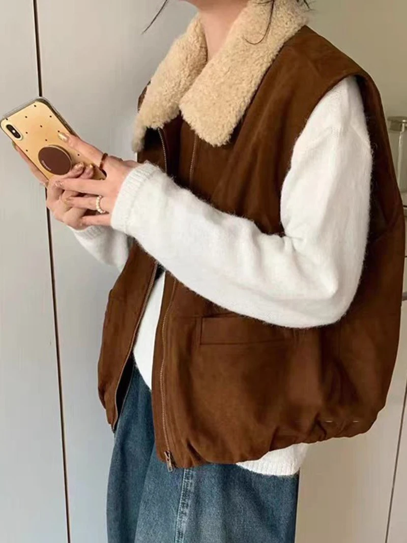 المرأة الخريف الشتاء الرجعية البني سترة أفخم بدوره إلى أسفل طوق جديد هونغ كونغ نمط الوجه طوق أعلى سستة الحصان كليب نمط #4