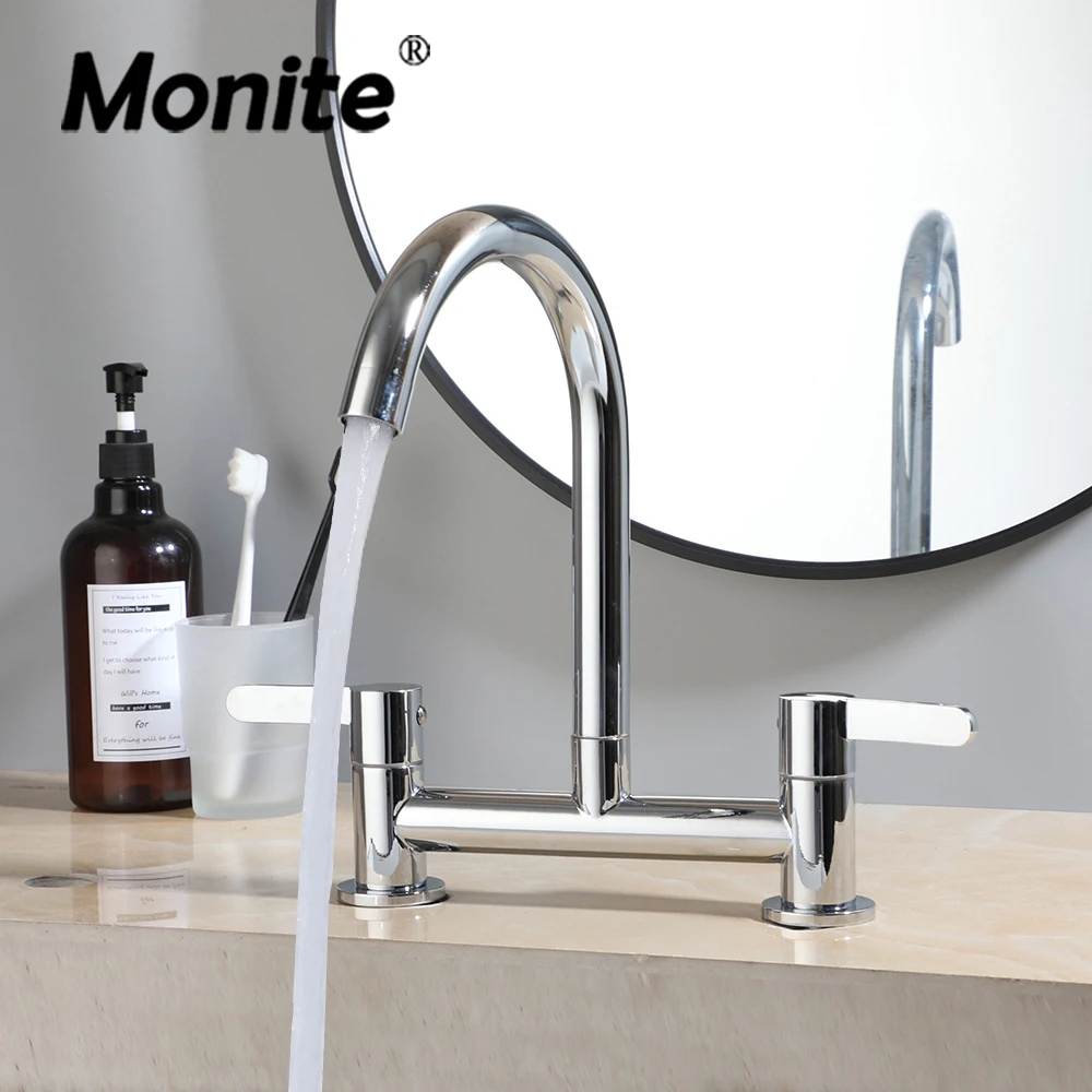 

Monite Luxury Bathroom Faucet Chrome Polished Basin Faucet Deck Mounted 2 Handles & Holes Torneira Sink Mixer Water Tap