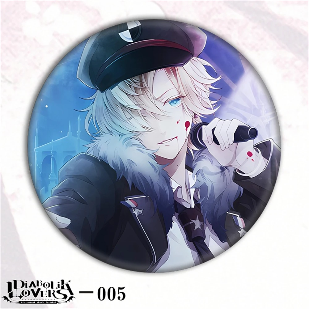 58mm Anime DIABOLIK LOVERS 고모리 유이 사카마키 레이지 코스프레 의상 배지 핀 SPTE Tinplate Brooch ﻿   프롭 길프