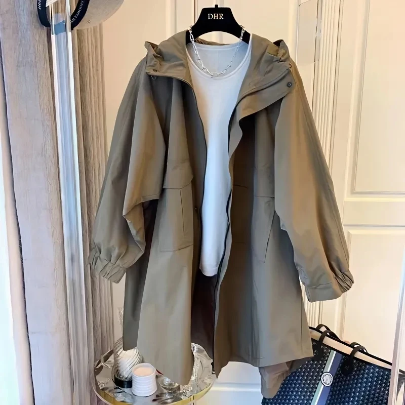 

Spring Autumn Female Mid Length Version Splicing Hood Leisure Trench Coat Women Korean Japanese Loose Design Sense niche Trench