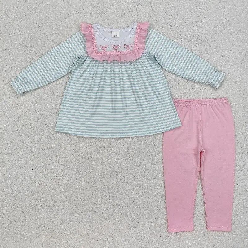 

Winter Girls Clothing Wholesale Boutique Embroidered Bow Pattern Striped Pink Lace Long Sleeve Pants Set