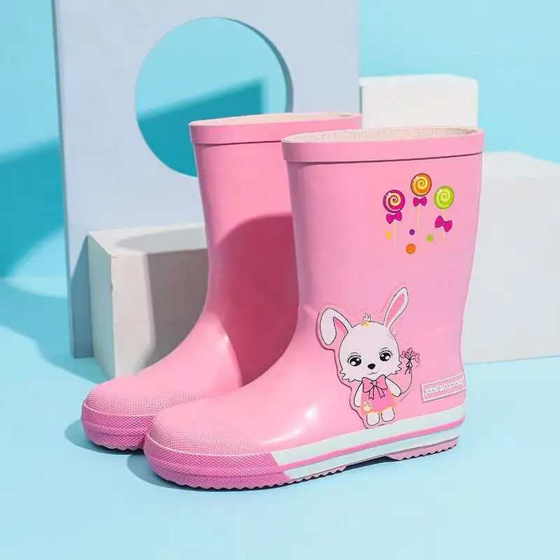 2024 Children's Four Seasons High Top Cartoon Rain Shoes Boys And Girls Soft Sole Non Slip Detachable Cotton Cover Water Shoes