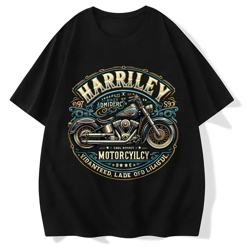 

Trendy Motorcycle Print T-shirt for Men in Summer 100% Cotton Loose Breathable American Style Street Round Neck Short Sleeves