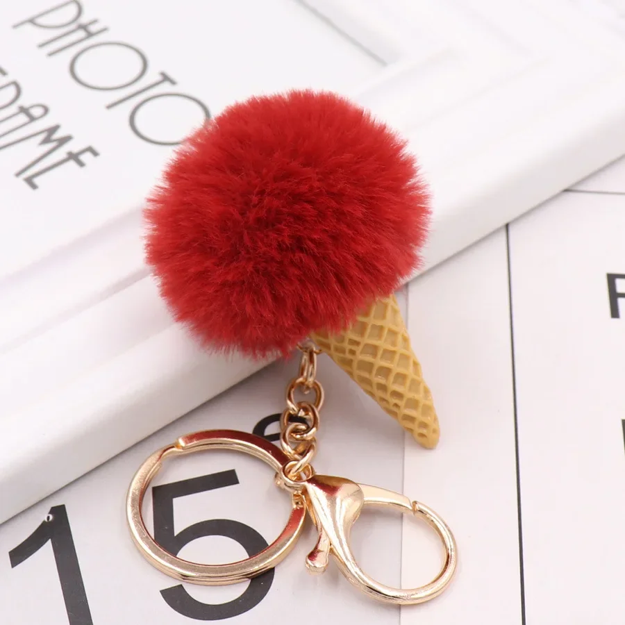 Cute Hair ball ice cream cone Keychain Pendant Women Key Ring Holder Pompoms Key Chains gifts for women bag accessories
