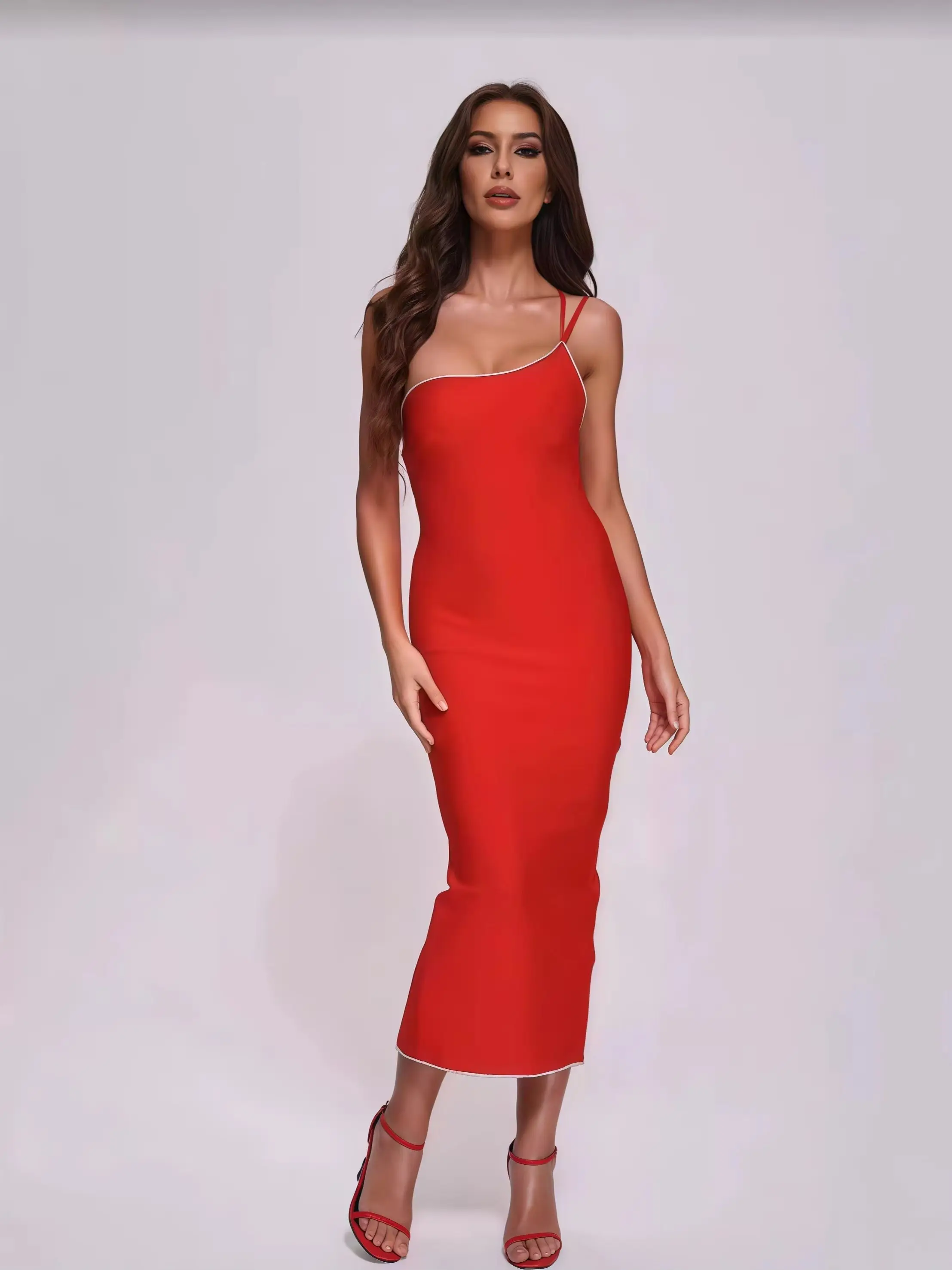 女性用キラキララインストーン付きスパゲッティストラップ、レースアップバック、スリット入りバンテージロングレッドドレス、豪華なプロム、カクテル、結婚式ゲストドレス