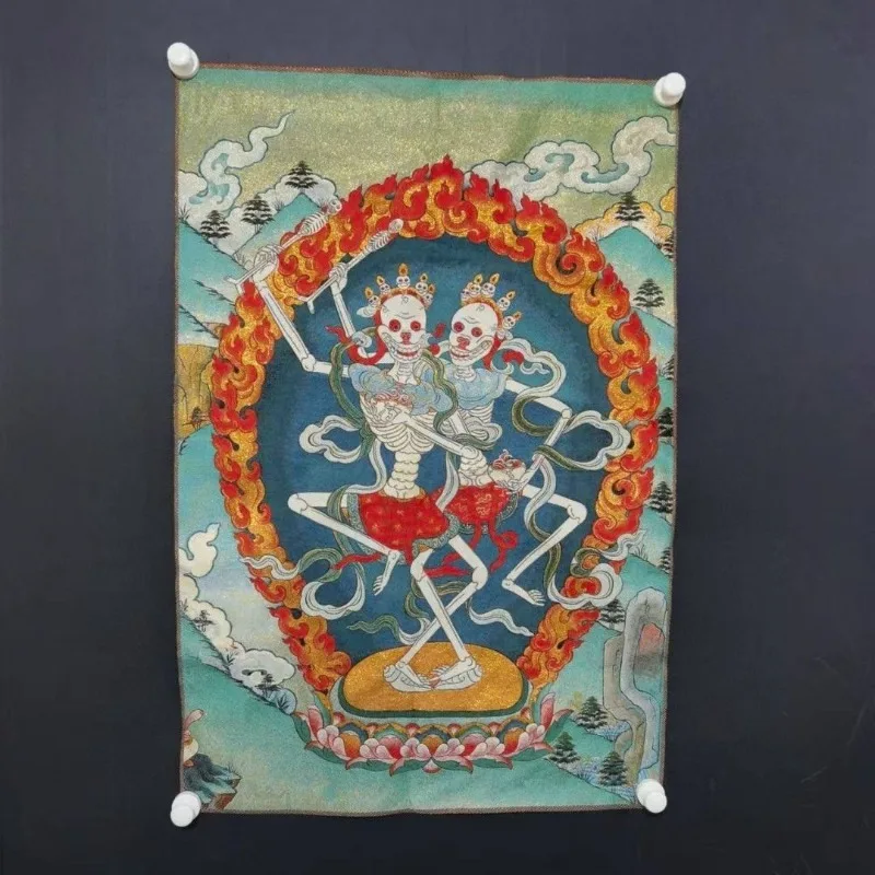 Tangka Embroidery Corpse Tornado Main Statue Citipati Brocade  Chinese Home Decoration Hanging Painting Tibetan Buddhist Murals