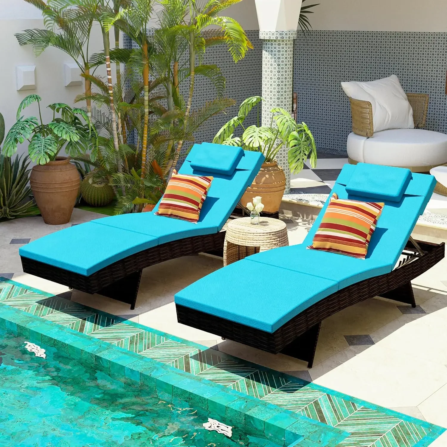 Sundale-Chaise longue réglable avec coussins et oreillers, ensemble de 2 chaises longues pour terrasse, intérieur, turquoise