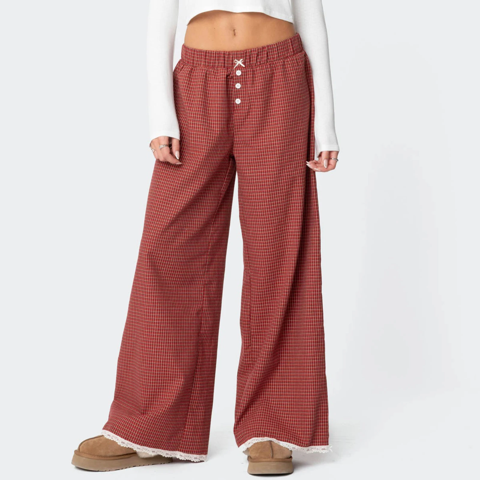 Women Red Gingham Wide Leg Pants Lace Trim Vintage Elastic Waist Straight Leg Plaid Pants Y2K Vintage Streetwear