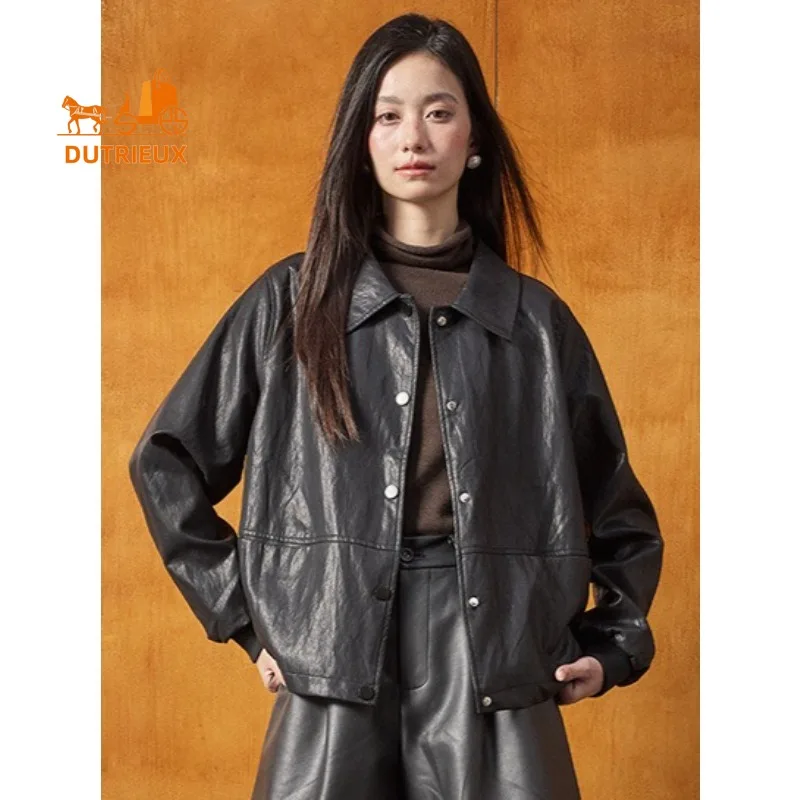 2025년 신상 가을 여성 패션 중간 길이 가죽 재킷, 100% 천연 양가죽, 심플하고 우아한 여성용 코트